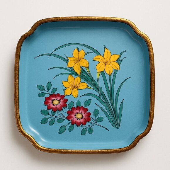 Vintage Square Ceramic Floral Trinket Dish With Gold Rim - Picture 1 of 5